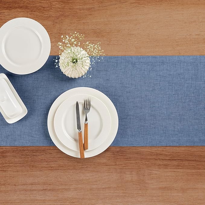 Solino Home Linen Table Runner 48 Inches - 100% Pure Linen Blue Denim Table Runner 14 x 48 Inch Ideal for Dresser and Coffee Tables - Athena, Winter, Spring, Easter