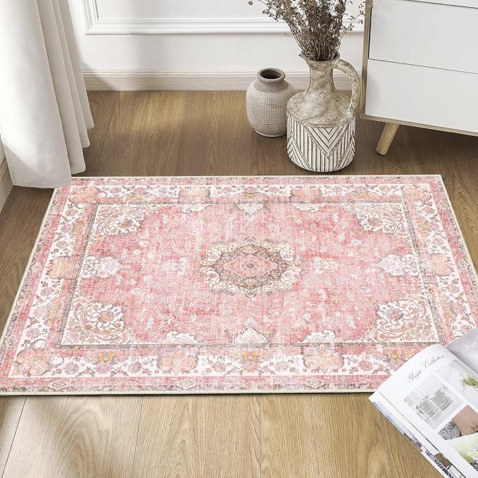 Small Rugs 2'x3',Pink Rug for Entryway Bathroom Kitchen Entrance Doormat,Boho Vintage Bohemian Distressed Washable Accent Indoor Mat Floor Throw Carpet Non Slip,Blush Floral Flowers