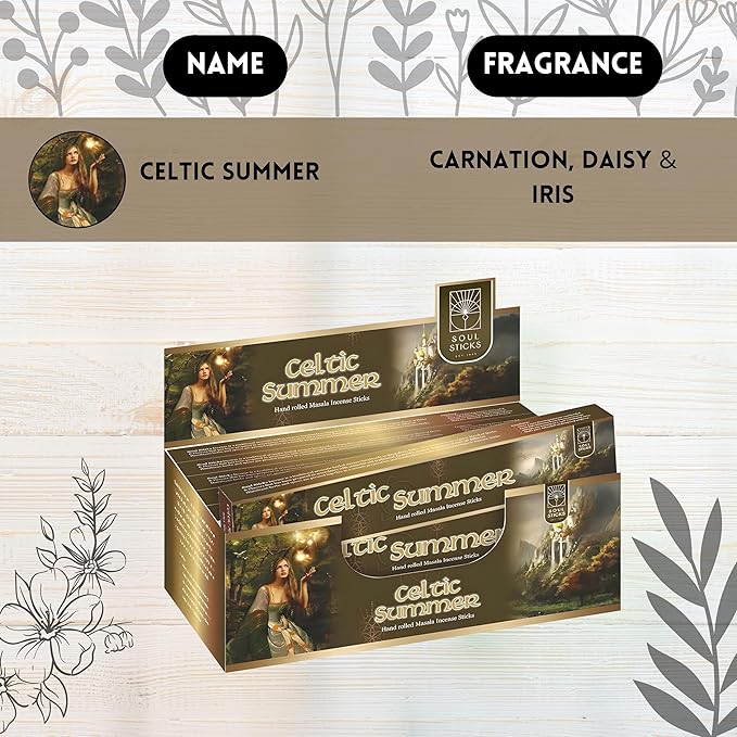 SOUL STICKS Hand-Rolled Incense Sticks Mystic Spirit Blends 180 Gram 12 Pack Box | 100% Natural Masala Incense Organic Home Fragrance Agarbatti (Celtic Summer)