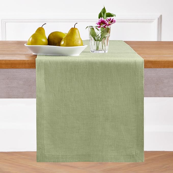 Solino Home Linen Table Runner 108 Inches Long - Athena, 100% Pure Linen Chambray Olive Table Runner 14 x 108 Inch for Dining, Spring, St Patricks Day