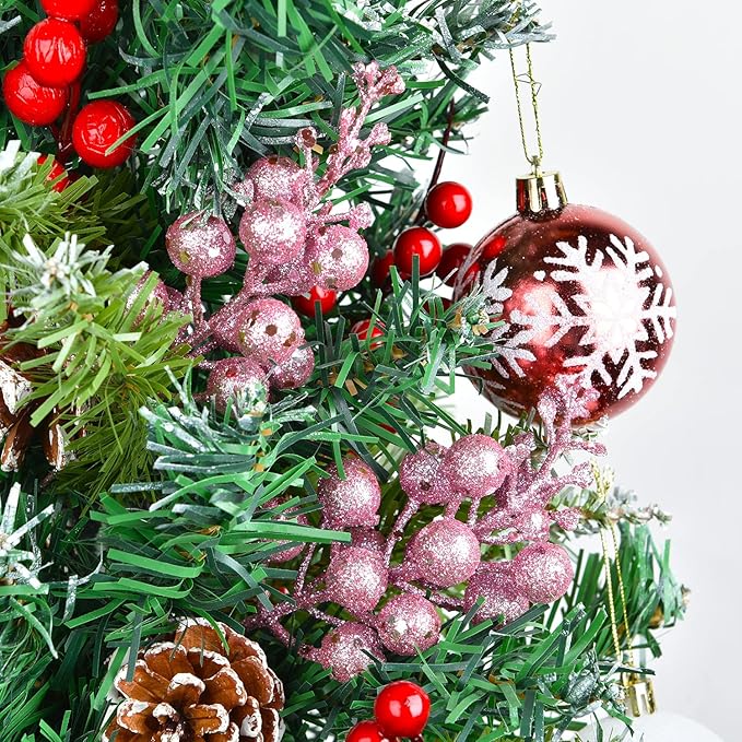 Lvydec 16pcs Christmas Glitter Berry Stems Clearance, 7.8" Artificial Christmas Picks for Christmas Tree Ornaments, DIY Xmas Wreath, Crafts, Holiday and Home Decor (Pink)