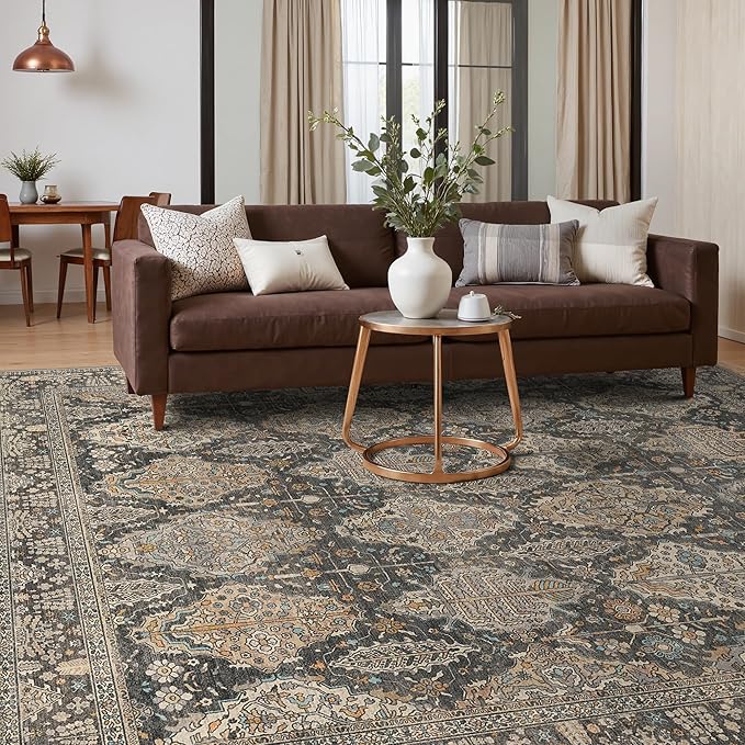 GENIMO 6x9 Area Rugs for Living Room, Machine Washable Low Pile Rugs, Chenille Non Alip Vintage Rug for Bedroom, Dining Room, Home Office, Charcoal Tan