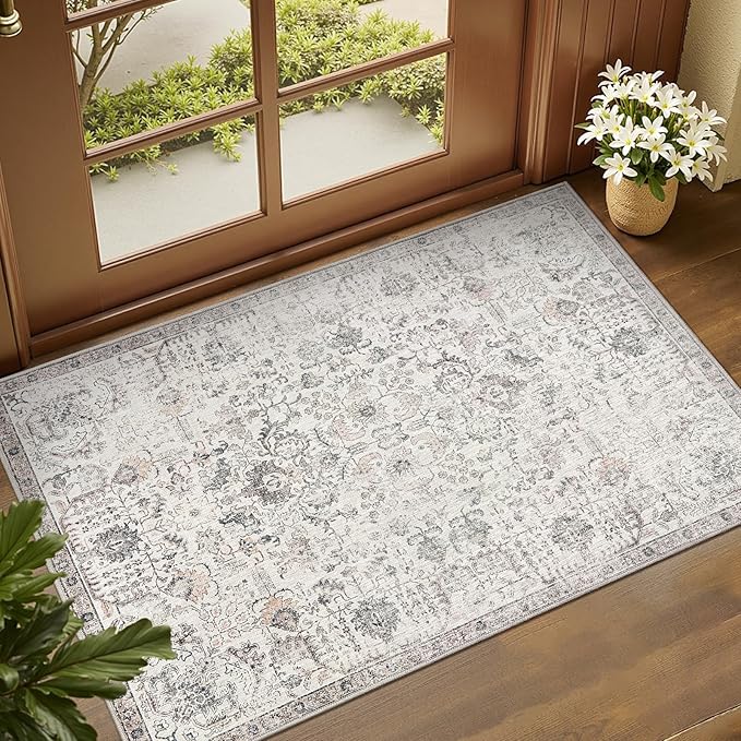 jinchan Kalen Area Rug 2x3 Washable Entryway Rug Vintage Doormat Indoor Entrance Lightweight Thin Retro Distressed Door Mat Floral Print Gray Country Boho Non Slip Carpet for Bathroom Bedroom Grey
