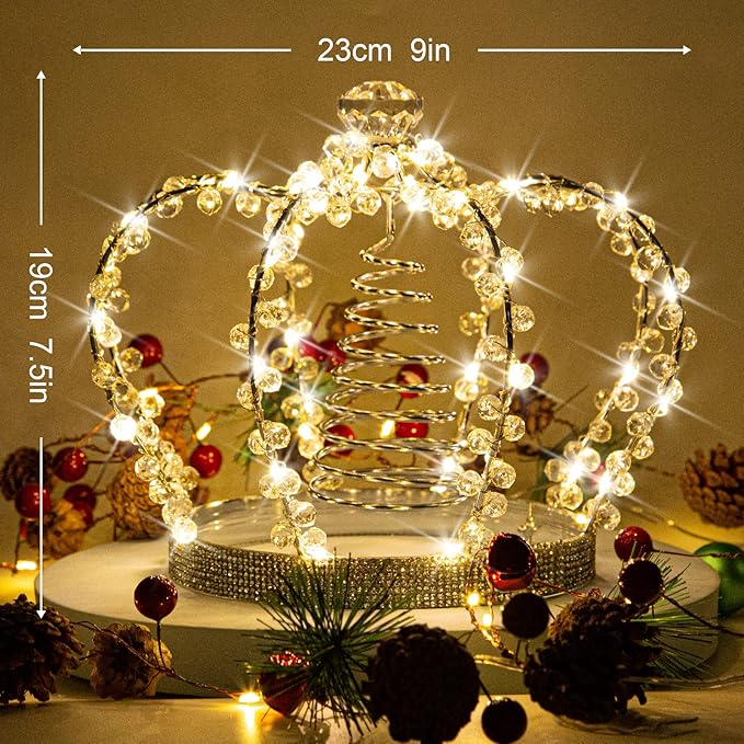 LAWOHO Christmas Tree Topper Star, Jeweled Crown with 60 Warm White LED USB Lighted Tree Topper, Xmas Tree Decor with Remote Control 8 Lighting Mode, Timer, Dimmer for Christmas Tree Ornament（Silver）