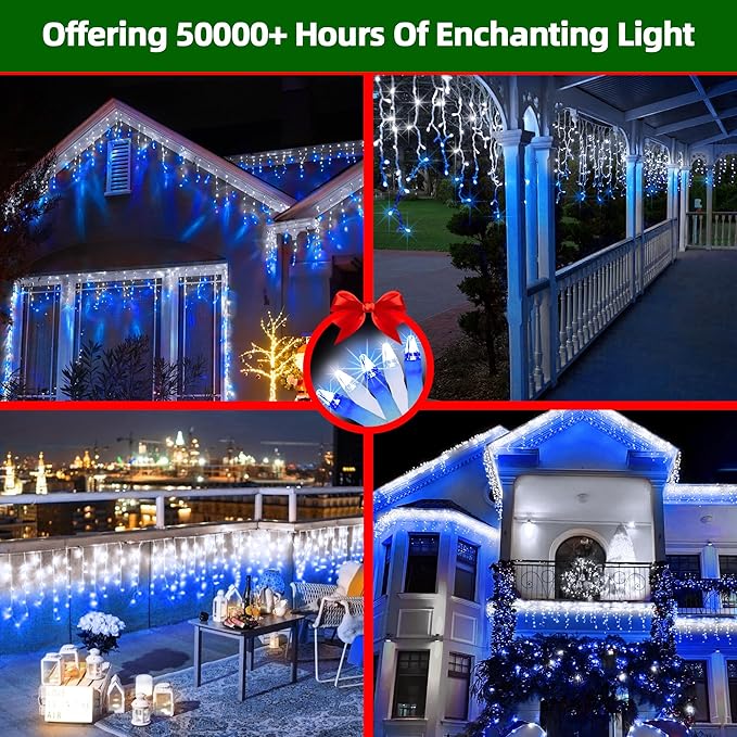 612 LED Christmas Lights with 136 Drops, 60ft 12 Modes Hanging ice String Lights with Timer & Dimmable & Waterproof, Plug-in Fairy Lights for Holiday Wedding Party Christmas Decor Blue & CoolWhite