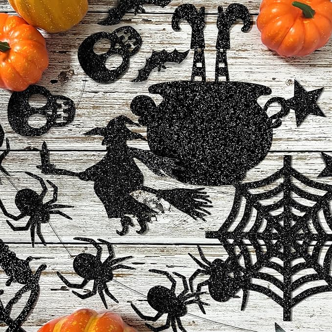 Glitter Black Halloween Hanging Banner Garland Decorations - Ghosts, Witches, Bats, Spiders, Haunted House, Cat and More - Indoor/Outdoor Party Supplies for Gothic Birthday, Home, Office, Classroom
