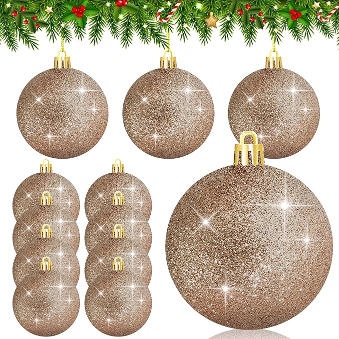12 Pcs 3Inch Christmas Balls Christmas Tree Decoration Ornaments Shatterproof Glitter Christmas Hanging Balls for Christmas Tree Party Indoor Outdoor Holiday Decoration(Champagne Gold, 3inch-12pcs)