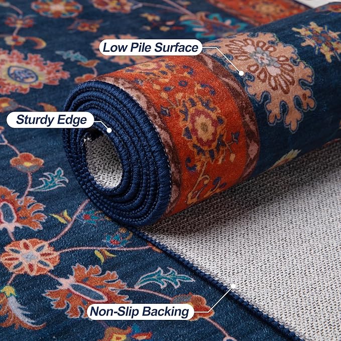 Tangsoo Floral Area Rug 3x5 Machine Washable Red Blue Rug Non-Slip Vintage Distressed Boho Print, Low Pile Carpet for Living Room, Bedroom, Dining Room, Pet & Child Friendly (Red Blue)