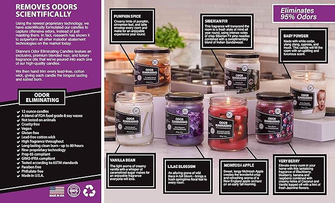Baby Powder Odor Eliminating Highly Fragranced Candle - Eliminates 95% of Pet, Smoke, Food, and Other Smells Quickly - Up to 80 Hour Burn time - 12 Ounce Premium Soy Blend