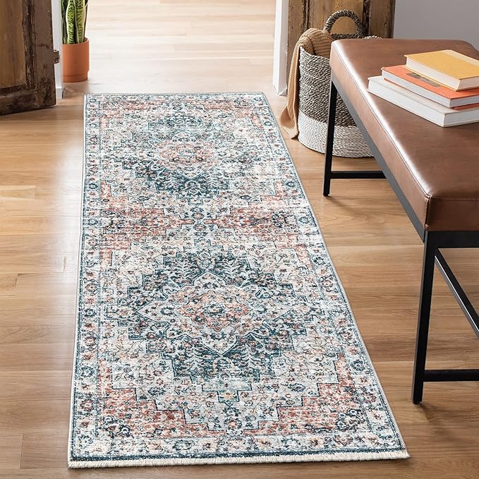 Bloom Rugs Caria Washable Non-Slip 12 ft Runner - Terracotta/Teal Traditional Runner for Entryway, Hallway, Bathroom, and Kitchen - Exact Size: 2'6" x 12'
