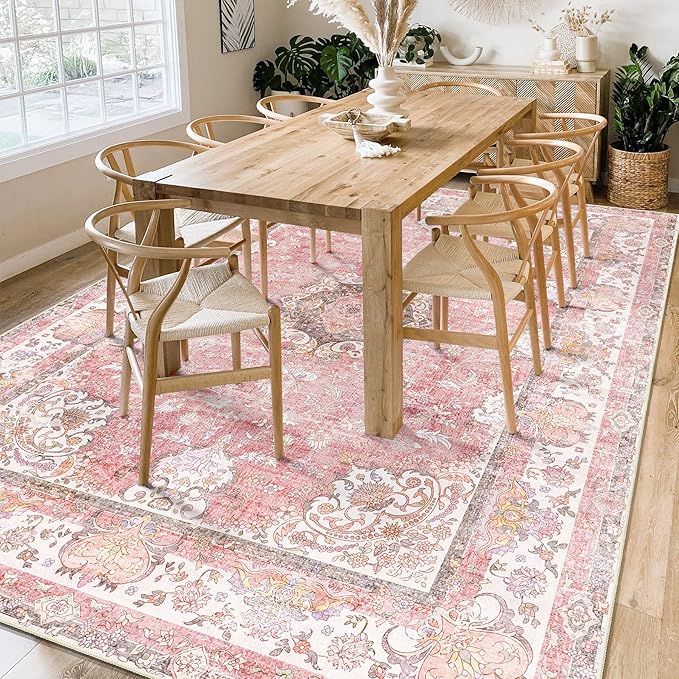 Pink Rug 6'x9' Area Rugs,Boho Washable Rug for Living Room Bedroom Dining Room,Large Vintage Bohemian Distressed Oriental Carpet Non Slip,Blush Floral Flowers
