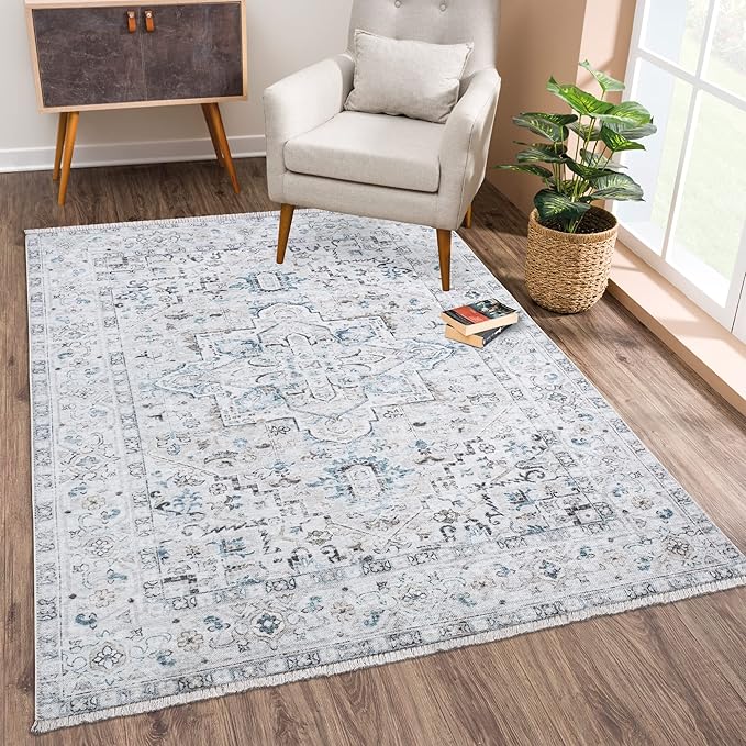 Bloom Rugs Washable Non-Slip 2x3 Rug - Seashell/Teal Blue Traditional Oriental Area Rug for Living Room, Bedroom, Dining Room, and Kitchen - Exact Size: 2' x 3'