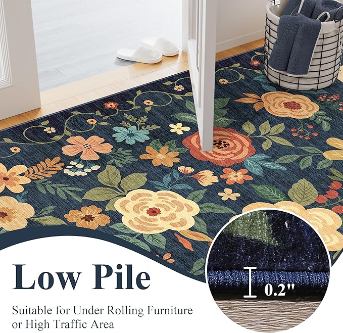 DUKINO 9x12 Area Rug, Floral Rugs for Living Room, Lightweight Non Slip Washable Rug, Indoor Low Pile & Non-Shedding Boho Design Rugs for Bedroom, Living Room, Dining Room, Dark Blue