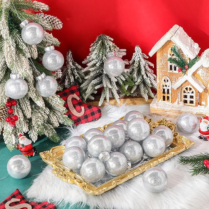 Soaoo 24 Pcs Christmas Ball Ornament 2.36 Inch Shatterproof Glitter Ball for Christmas Tree Decoration Small Hanging Xmas Tree Ornament for Xmas Holiday Wedding Party(Silver)