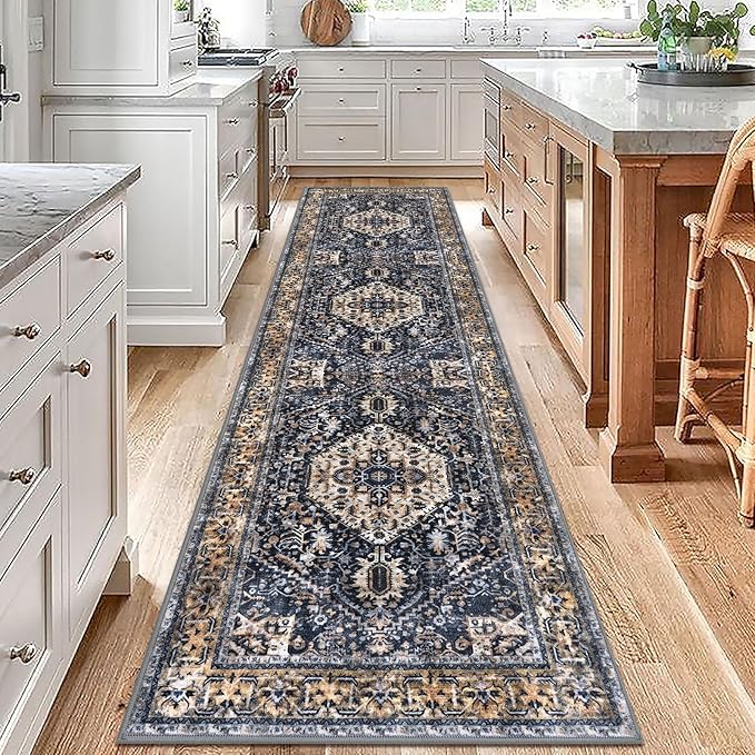 KOZYFLY Long Runners for Hallways 2.6x10 Ft Washable Kitchen Boho Runner Rug for Entryway Indoor Gold Navy Printed Faux Wool Stair Runner Floor Carpet Runner for Stair Kitchen Hall