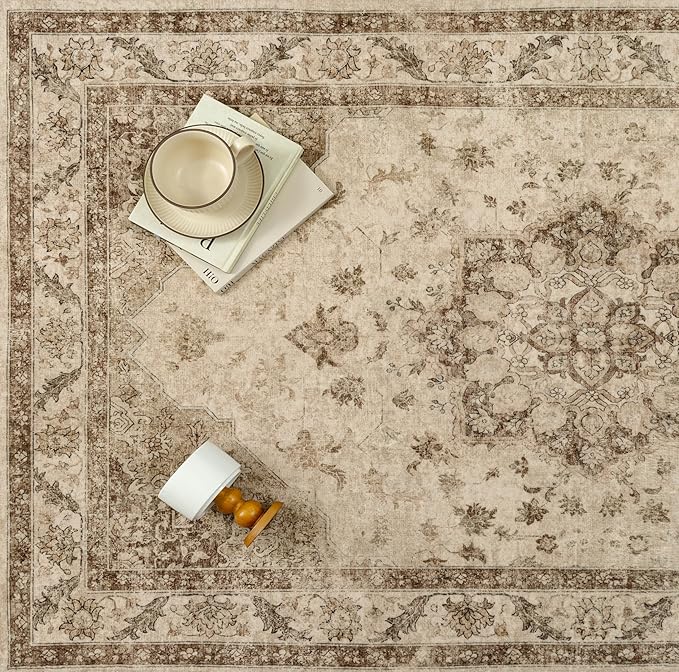 Brown Area Rug 6x9 Washable Vintage Carpet for Living Room Bedroom Large Soft Retro Low Pile Thin Indoor Rug Non Slip Oriental Medallion Floor Cover for Dining Room Office