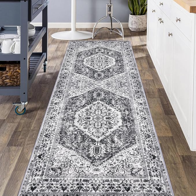 KOZYFLY Runners for Hallways 3x8 Ft Washable Kitchen Runner Rug Boho Runner Rug for Entryway Indoor Printed Faux Wool Floor Carpet for Bedroom Kitchen Hall, Grey