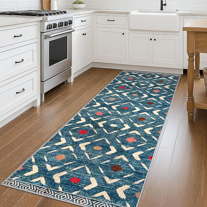 KILOCOCO Hallway Runner Rug 3x8 Runners for Hallways Washable Runner Soft Non Slip Printed Geometric Rubber Backed Low-Pile Rug Runners for Bedroom Kitchen Living Room Boho Rugs, Teal/Blue