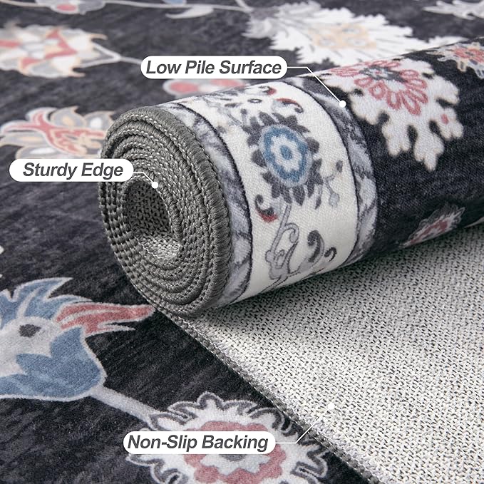 Tangsoo Floral Area Rug 6x9 Machine Washable Rug Non-Slip Vintage Distressed Boho Print, Low Pile Carpet for Living Room, Bedroom, Dining Room, Pet & Child Friendly (Black Red)