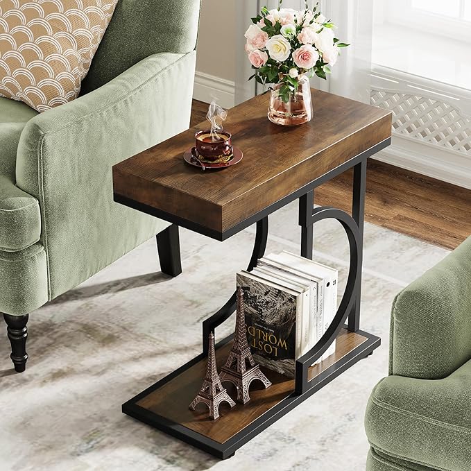 Tribesigns Narrow Side Table Brown Black C Shaped End Table Modern Bedside Tables for Couch, Small Sofa Tables with Metal Frame for Living Room (1, Brown+Black)