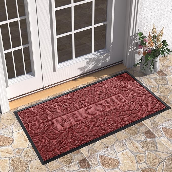Yimobra Large Welcome Mat 47x24, Waterproof Non-Slip Outdoor Mats for Front Door Outside Entrance, Low-Profile Entryway Mat Indoor for Garage Patio, Wine Red