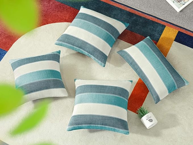 AmHoo Pack of 2 Farmhouse Stripe Check Throw Pillow Covers Set Case Cotton Linen Decorative Pillowcases Cushion Cover for Couch Bench Sofa 24x24Inch Teal Blue