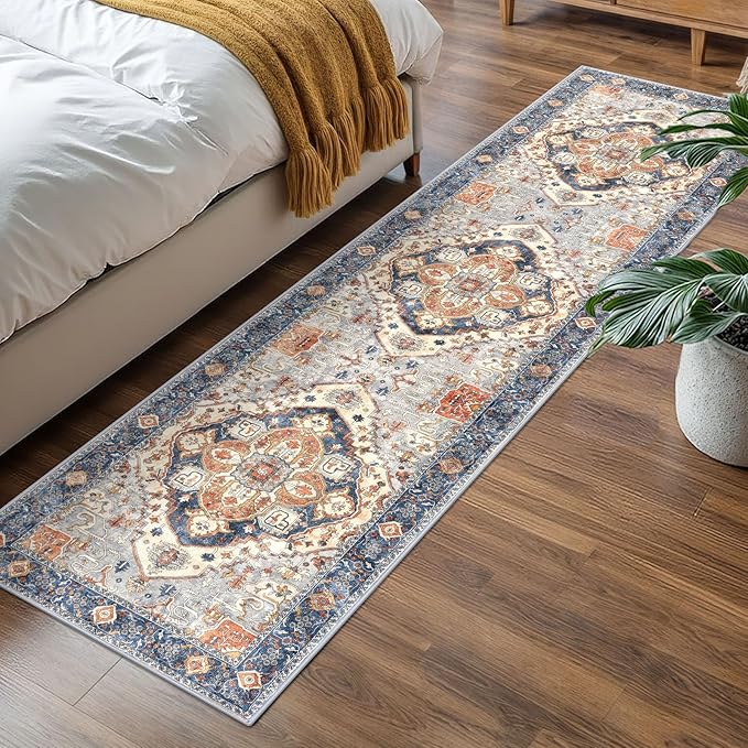 2x7 Washable Runner Rug for Hallways, Ivory Blue Soft Classic Kitchen Rugs with Non-Slip, Non-Shedding Boho Rug for Hallways Entryway Bedroom Bathroom Laundry Indoor