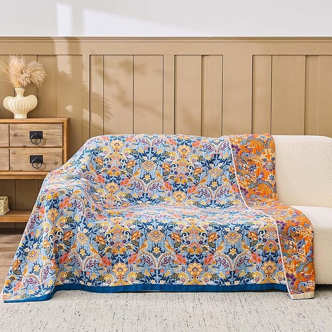 Blue Orange Fall Blanket 90"x 98" Boho Throw Blankets for Couch Bed Chair, 100% Cotton Quilts Warm Soft Blanket Muslin Bed Blankets Home Decor Farmhouse Warm Throws Gifts for Women Mom