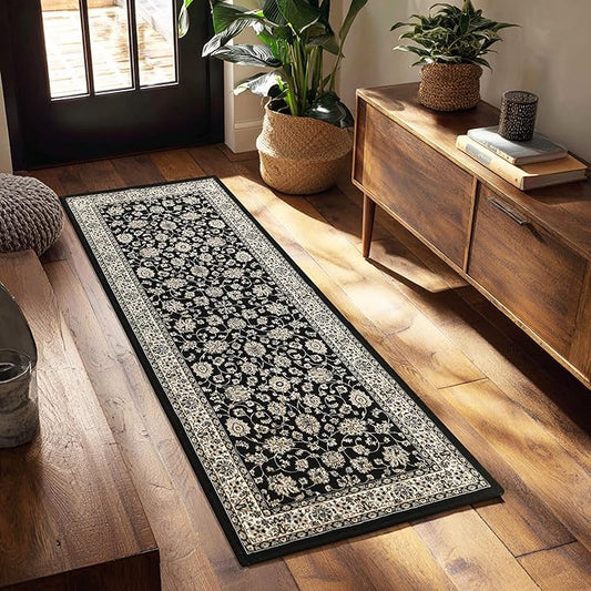 XWZO Runner Rug 2x6ft, Washable Hallway Runner with Non-Slip Backing, Spill Stain Resistant Floor Mat for Entryway Corridor Bedroom Kitchen Farmhouse, Soft Low-Pile Area Carpet, Black