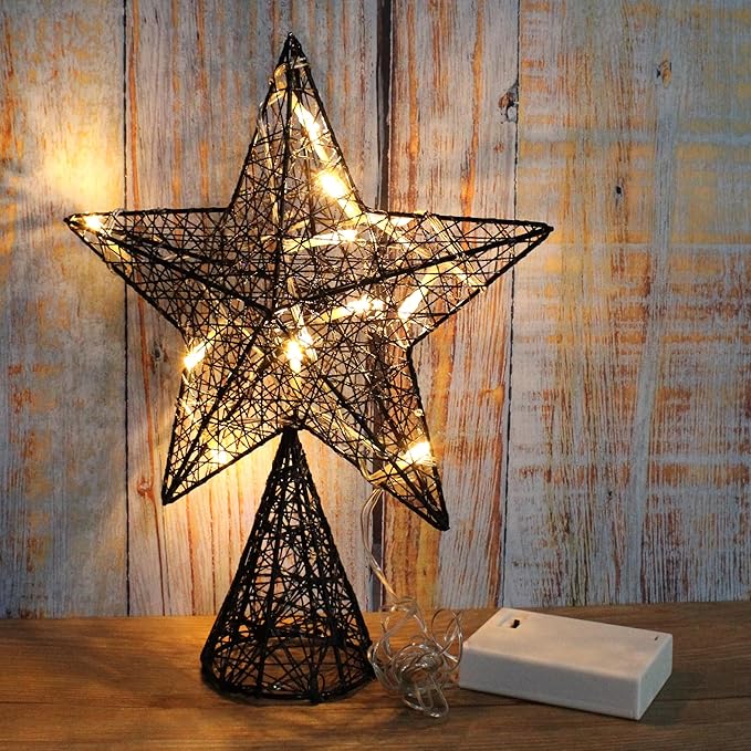 CVHOMEDECO. Black Tree Top Star with Warm White LED Lights and Timer for Christmas Tree Toppper Ornaments and Holiday Seasonal Décor, 8 x 10 Inch