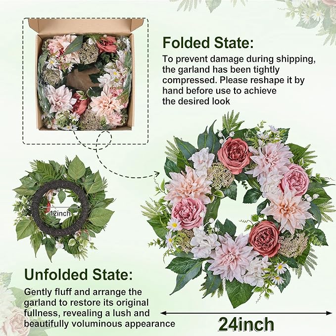 24 Inch Spring Wreath for Front Door with Roses Dahlias Silk Flowers with Berry Greenery for All Seasons Indoor Outdoor Porch Wedding Wall Farmhouse Porch Wall Living Room Home Widding Decor