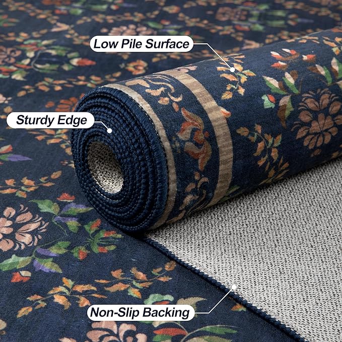 Tangsoo 2x6 Washable Runner Rug for Hallways, Non Slip Moroccan Trellis Blue Floral Carpet Runner, Soft Low Pile Floor Carpet Runner for Kitchen, Laundry, Bedroom, Bathroom, Living Room Home Decor