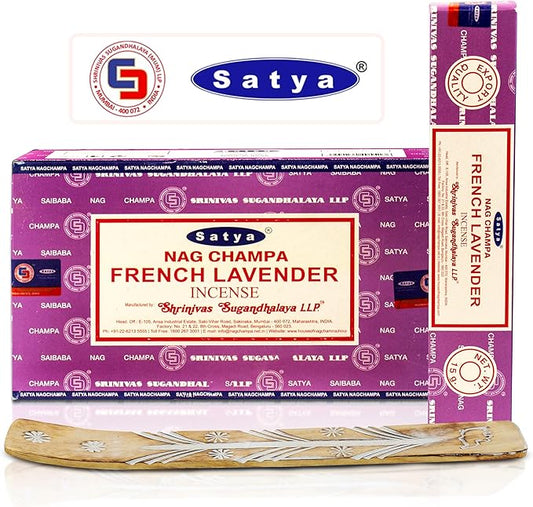 Satya French Lavender Incense Sticks 180 gm (15GM X 12 Pack) from Satya Sai Baba Nag Champa and Raajsee Incense Sticks Holder Bundle, Free from Chemicals,Natural Insenses