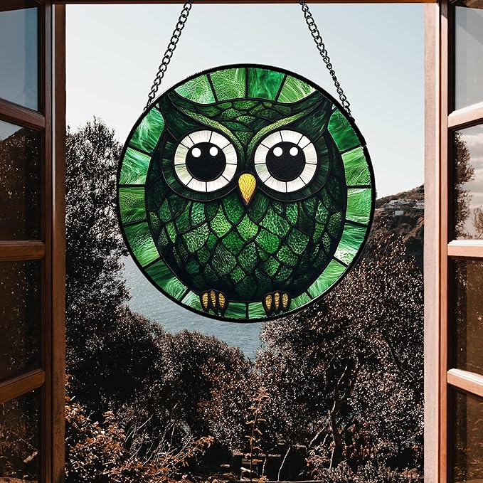 Stained Glass Window Hanging - Green Owl Suncatcher for Doors Garden Patio Funny Bird Sun Catchers Decor Christmas Mother's Day Birthday Teenager Gifts for Women Men Mom Nana Friend 11.8 in