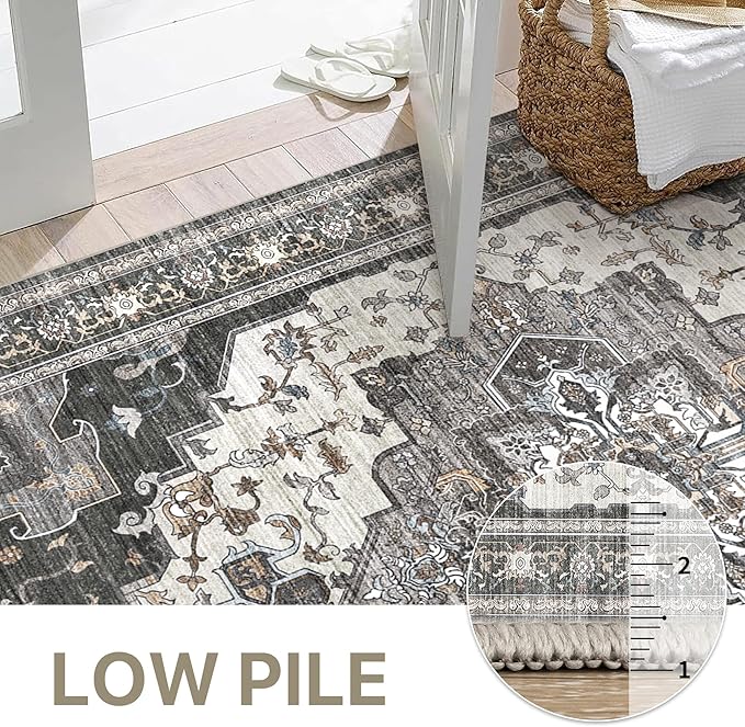 GENIMO 3X8 Hallway Runner Rug, Machine Washable Non Slip Vintage Floral Patchwork Runners, Thin Low Pile Chenille Carpet Runners for Entryway, Kitchen, Bathroom, Bedroom, Slate Gray
