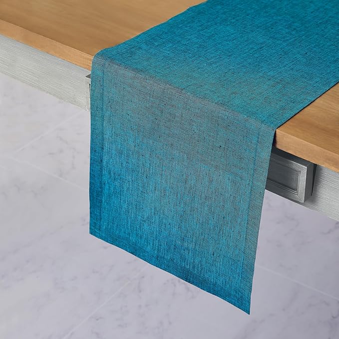 Solino Home Linen Table Runner 36 Inches - 100% Pure Linen Chambray Teal Table Runner 14 x 36 Inch Ideal for Dresser and Coffee Tables - Athena - Spring, Easter, St Patricks Day