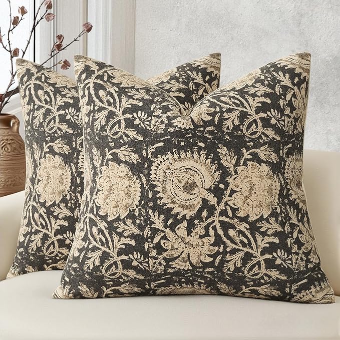 Vintage Floral Print Throw Pillow Covers 24x24 Set of 2 Neutral Modern Farmhouse Pillowcases Accent Decorative Cushion Covers Boho Home Decor for Couch Sofa Chair Bed Living Room, Black