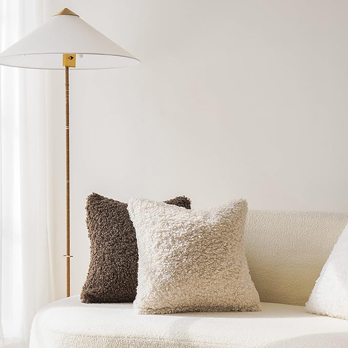 Foindtower 2 Pieces 16x16 Inch Neutral Cream, Faux Fur Throw Pillow Cover Accent Sherpa Pillow Fuzzy Soft Pillowcases Sheepskin Decorative Fleece Cushion Case for Bed Couch Living Room