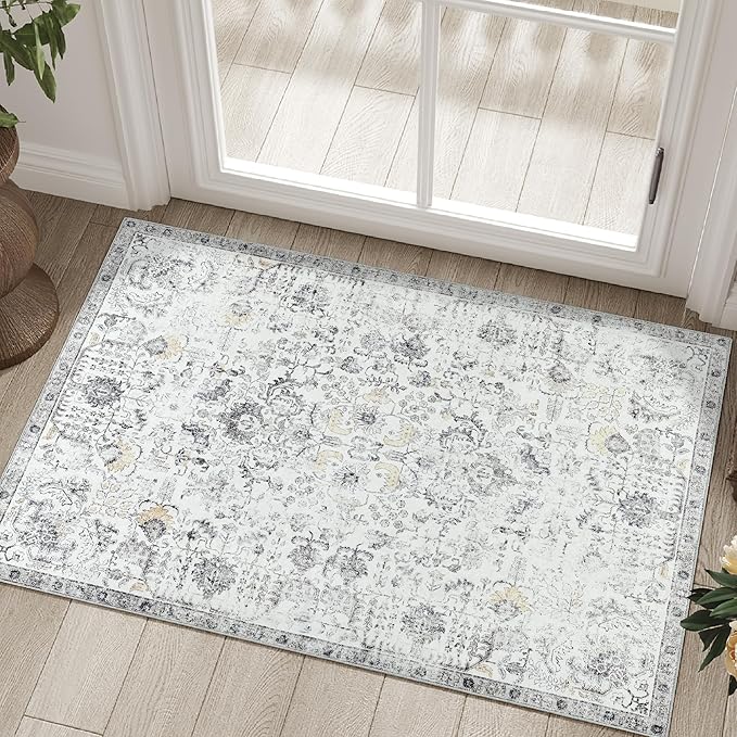 jinchan Kalen Area Rug 2x3 Washable Entryway Rug Soft Door Mat Vintage Indoor Entrance Thin Retro Distressed Carpet Grey Floral Country Boho Non Slip Doormat Bathroom Kitchen Bedroom
