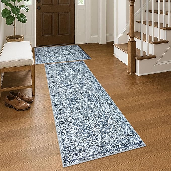 KUTA Vintage Washable Rug, 2PCS 2x3 and 2x6 Blue White Runners for Hallways Non-Slip Kitchen Area Rugs Ultra Soft Printed Distressed Floral Floor Carpet for Laundry Bedroom Living Room Nursery