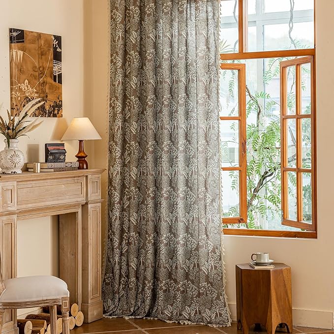 OYX Floral Curtains 63 Inch Length 2Panels for Living Room, Bedroom Light Filtering Drapes, Farmhouse Vintage Country French Tassels for Boho Pattern Rod Pocket Aesthetic Home Decor Window Treatments