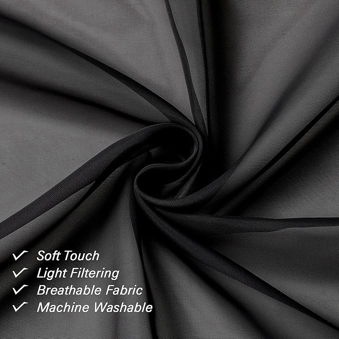 Lecloud Black Sheer Curtains 45 Inch Long 2 Panels, Short Voile Drapes for Dinning Small Windows, Light Filtering Voile Curtain for Living Room Bedroom Bathroom, Dual Rod Pocket, 40" Wx45 L