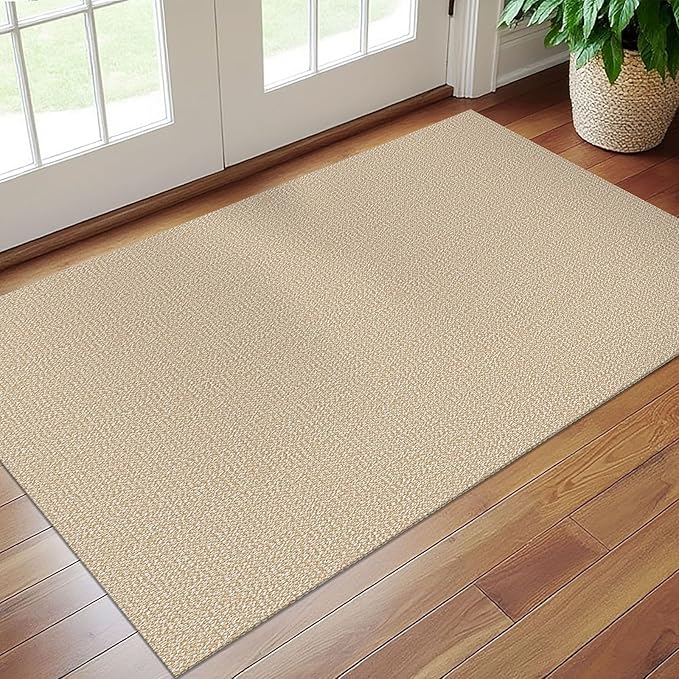 EARTHALL Washable Area Rug 3x5 Ft Non Slip Rugs for Entryway Braided Rubber Backed Throw Rugs Door Mat Indoor Outdoor Entrance Rug for Kitchen Foyer Front Door Living Room, Golden Beige/White