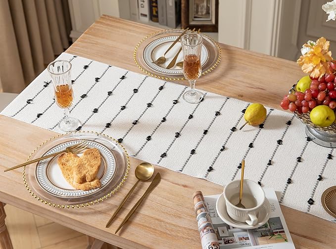 Caflife Boho Table Runner 72 Inchs Long for Modern Farmhouse Room Home Decor, Black and Beige Coffee Table Runner, Natural Cotton Woven with Tassels Neutral, for Kitchen Dining Table Decor