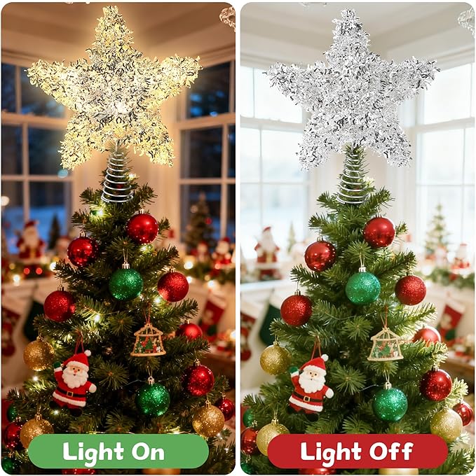 Christmas Tree Topper Star Silver Tinsel Star Tree Topper 10 Inch Lighted Tree Topper Battery Operated Christmas Tree Decoration for Holiday Indoor Decoration Warm White Light