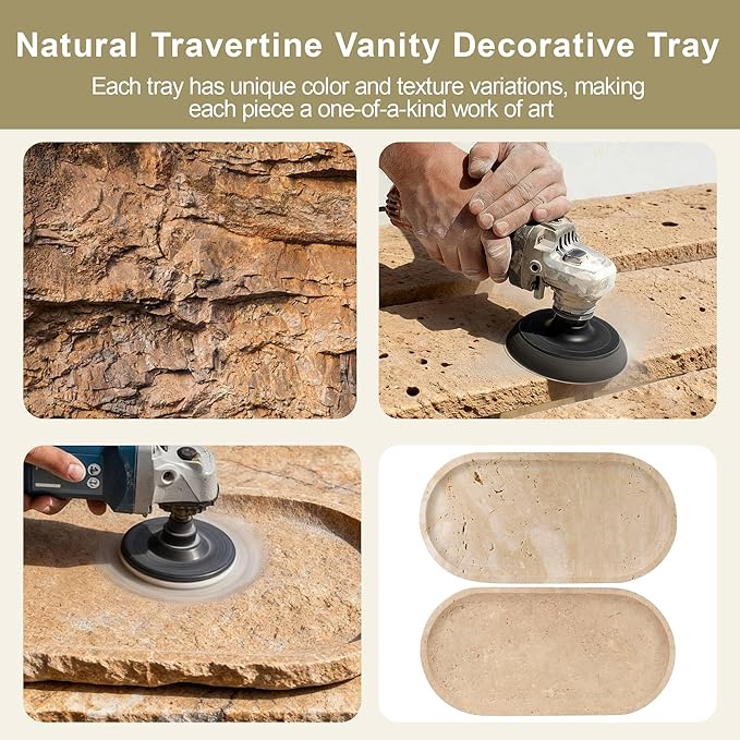 Natural Travertine Vanity Tray for Bathroom Countertop, 12" L x 6" W Light Beige Cream Decorative Tray with 4 Non-Slip Silicone Gaskets, Marble Tray for Jewelry, Perfume, Dresser Organizer