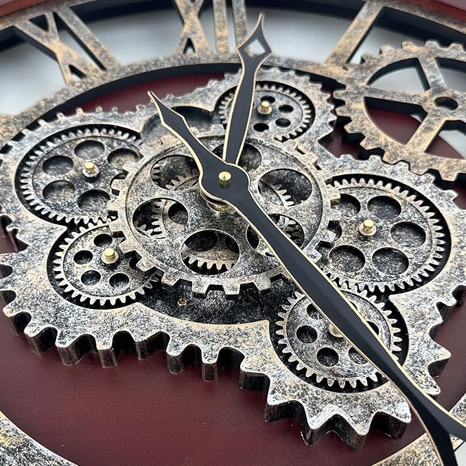 HOIBAI Large Wall Clock, 24 Inch Wall Clocks for Living Room Decor Farmhouse Vintage Rustic Kitchen Wall Decor Vintage Roman Big Oversized Wall Clock for Home Bedroom House Office, Moving Gears Clock