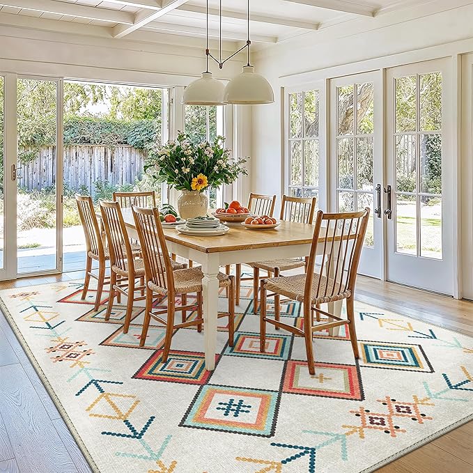 GENIMO Machine Washable 5x7 Area Rugs for Living Room, Non Slip Vintage Rugs, Low Pile Lightweight Chenille Print Rug for Bedroom, Dining Room, Home Office, Rainbow