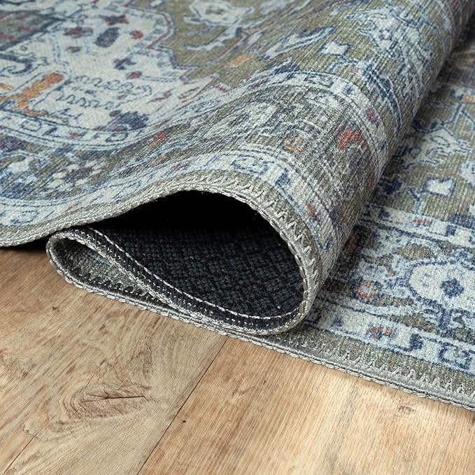 Bloom Rugs Washable Non-Slip 5' x 7' Rug - Green/Blue Traditional Medallion Area Rug for Living Room, Bedroom, Dining Room, and Kitchen - Exact Size: 5' x 7'