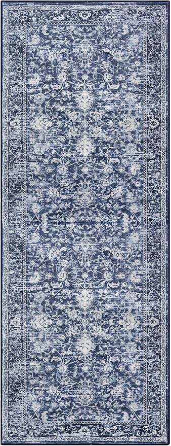 KILOCOCO Hallway Runner 2x8 Rug Runner Printed Vintage Floral Washable Kitchen Runners Non-Slip Rubber Backed Runners for Hallways Laundry Room Distressed Boho Rugs for Entryway Bedroom, Blue
